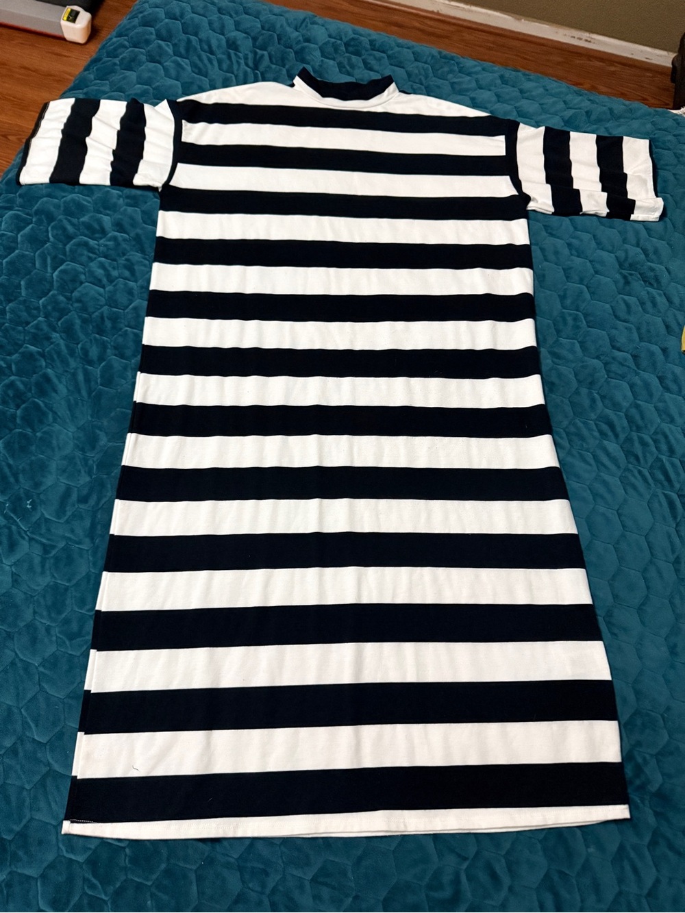 Dressed in lala. Black & White Striped Short Sleeve Midi High Neck Small Dress